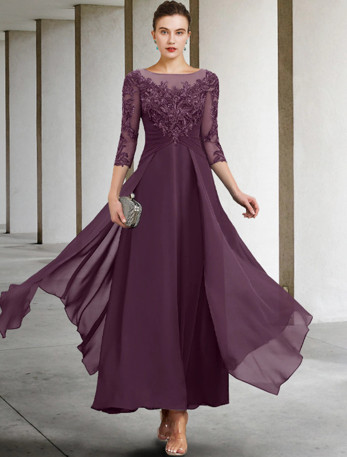 Abito da sposa a trapezio con applicazioni, per invitati a matrimoni autunnali, taglie forti, elegante, scollo a barchetta, lunghezza alla caviglia, in chiffon, pizzo, paillettes, manica a 3/4 con arricciatura